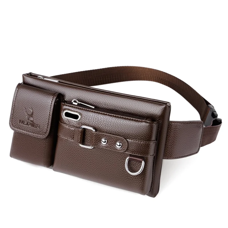 WEIXIER Men Litchi Skin Crossbody Chest Bag PU Leather Waist Fanny Pack with Headphone Hole - Brown - 1