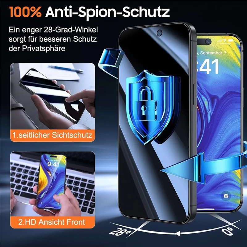 2Pcs For iPhone 15 Pro Max Anti Spy High Aluminium Silicon Glass Screen Protector with Dust Removal Tool - 9