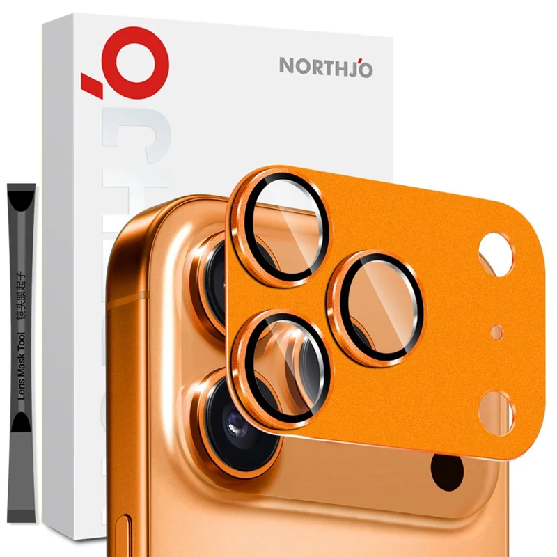 NORTHJO For iPhone 17 Pro Camera Lens Protector Matte Metal Lens Cover with Integrated 9H Tempered Glass Film - Orange - 1
