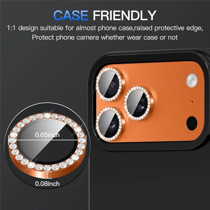 For iPhone 18 Pro 1Set Camera Lens Protector Tempered Glass+Metal Ring Rhinestone Lens Film - Orange - 2