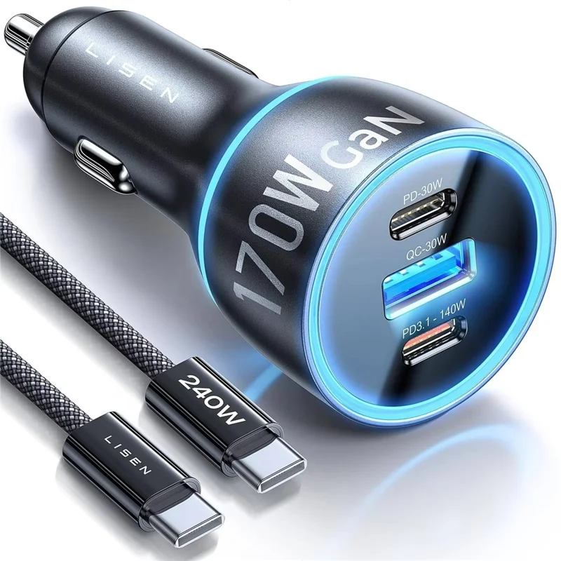 LISEN 170W 3-Port Car GaN Charger USB-C PD3.1 140W QC 30W Car Charger Adapter with 240W Charging Cable - Grey - 1