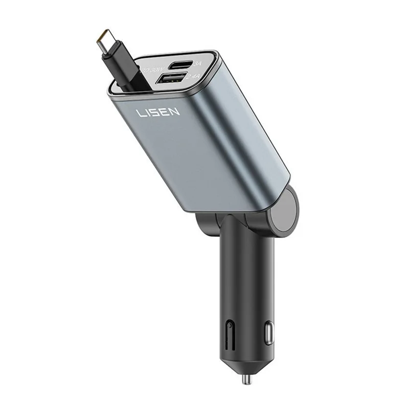 LISEN Car Charger 180 Degree Rotatable 30W PD Fast Charging Adapter with Retractable USB-C Cable for iPhone 17 / 16 / 15 / Samsung S26 - 1