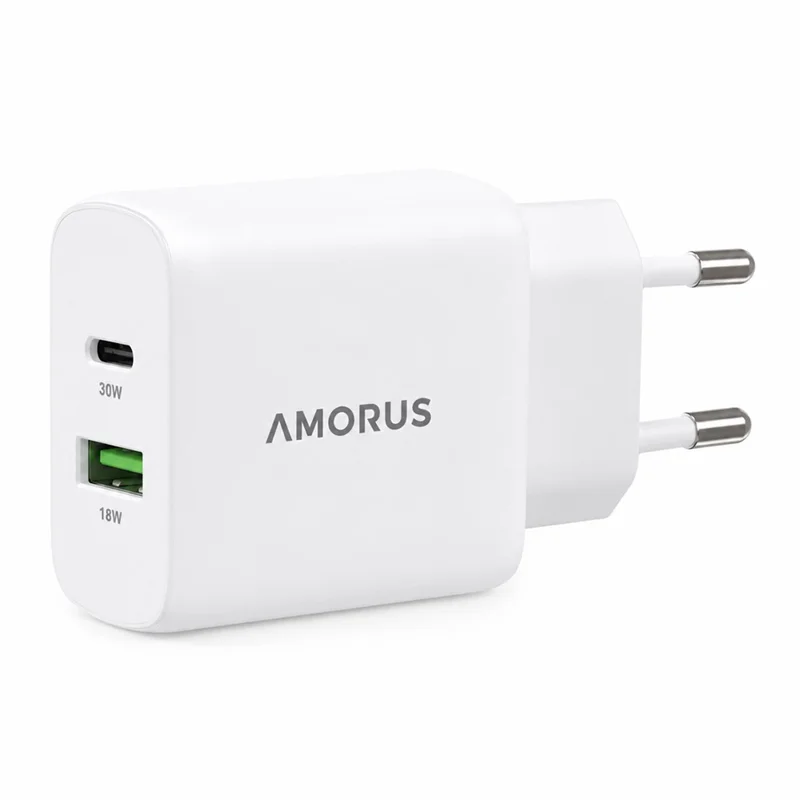 AMORUS PD 30W Type-C + QC 18W USB-A Dual Port GaN Power Adapter Fast Charging Wall Charger for Phone Tablet - EU Plug - 1