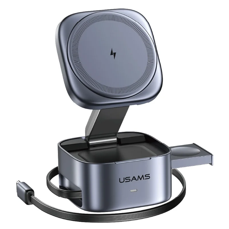USAMS CD257 3 in 1 Qi2 Magnetic Wireless Charger for Phone / Watch / Earbuds Foldable 15W Fast Charger with Retractable Cable - Tarnish - 1