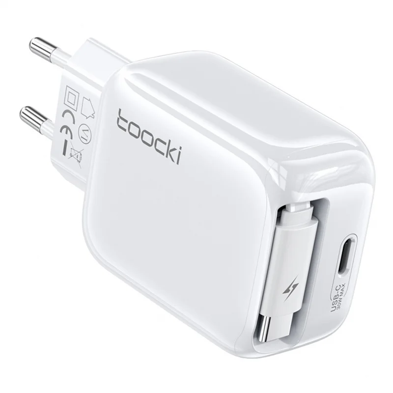 TOOCKI TC55302 30W GaN Charger Built-in 68cm Retractable USB-C Cable 2-in-1 Fast Charging Power Adapter - White / EU Plug - 1