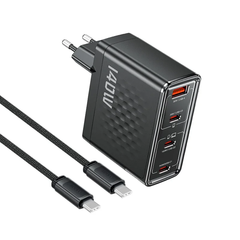 TOOCKI 140W GaN Charger 4-Port 3 USB-C 1 USB-A PD3.1 Fast Charging Station Power Adapter with 2m Cable - EU Plug / TCT140-40B - 1