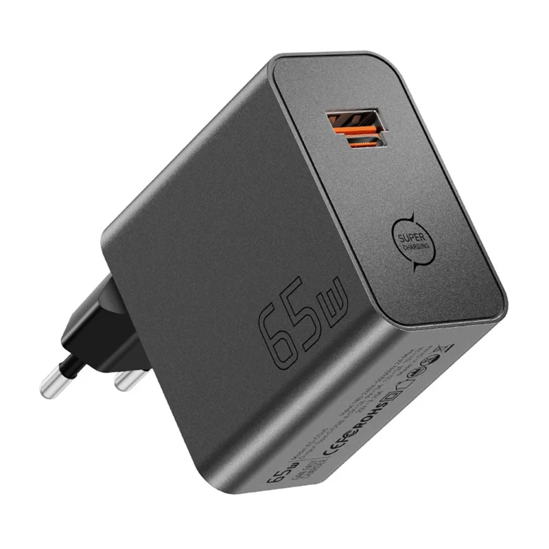ESSAGER ES-CD65 65W GaN Wall Charger Type-C USB-A 2-in-1 Converged Port Portable Power Adapter for Phone Tablet Laptop - Black / EU Plug - 1