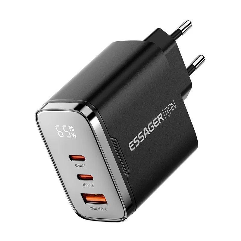 ESSAGER ES-CD64 65W GaN Wall Charger 3-Port 2 USB-C+USB-A Fast Charging Digital Display Travel Power Adapter - Black / EU Plug - 1