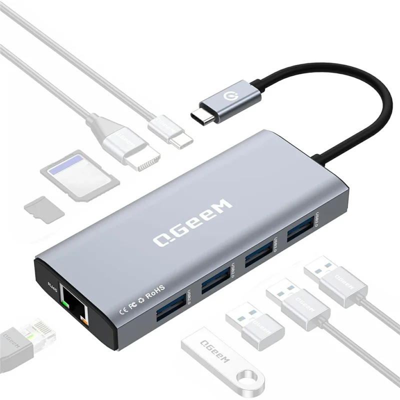 QGEEM 9 In 1 USB C Hub with RJ45 4K 30Hz HD Port SD TF Card Reader Laptop Docking Station - 1
