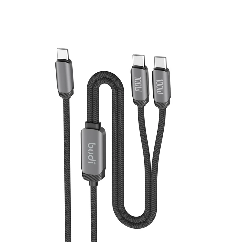 BUDI DC266TTT12B 1.2m PD 100W 2 in 1 USB C to USB C Fast Charging Data Braided Cable - 1