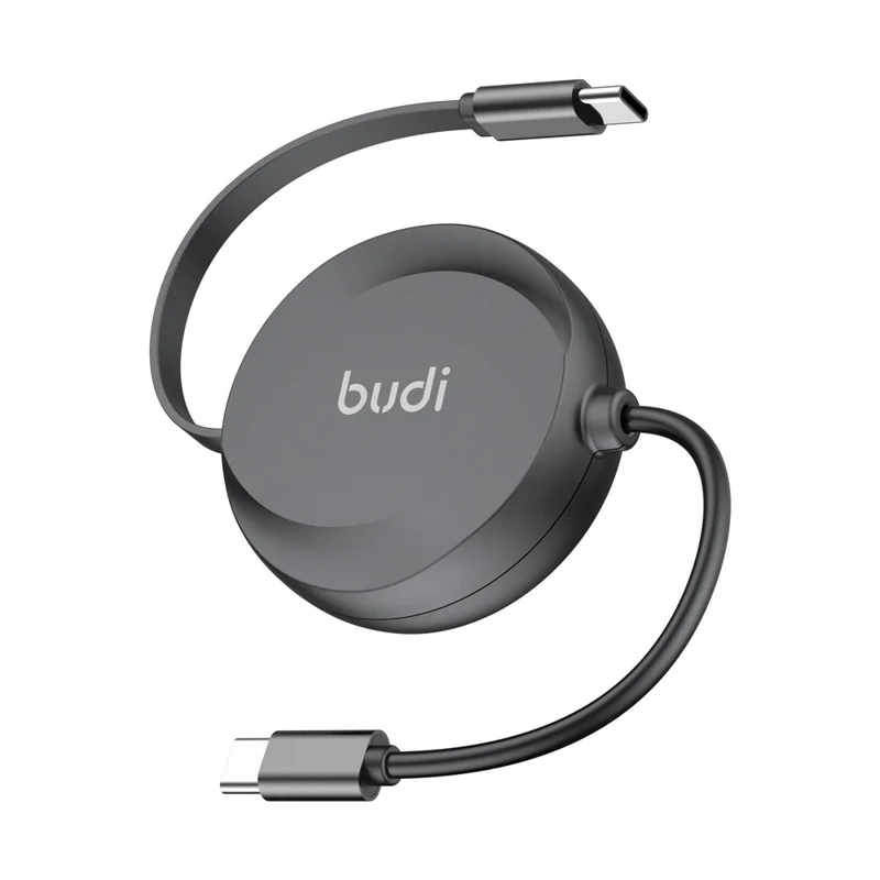 BUDI DC257TT10B 1m PD 65W Fast Charging USB-C to USB-C Retractable Cable Data Sync Cord - Black - 1