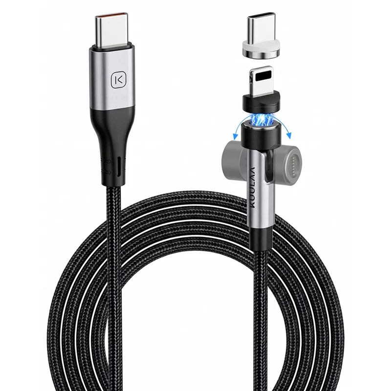 KUULAA KL-X95 2m 2-in-1 240W Magnetic Charging Cable Rotating USB-C / iP (5-14) Braided Cord for iPhone - Black - 1