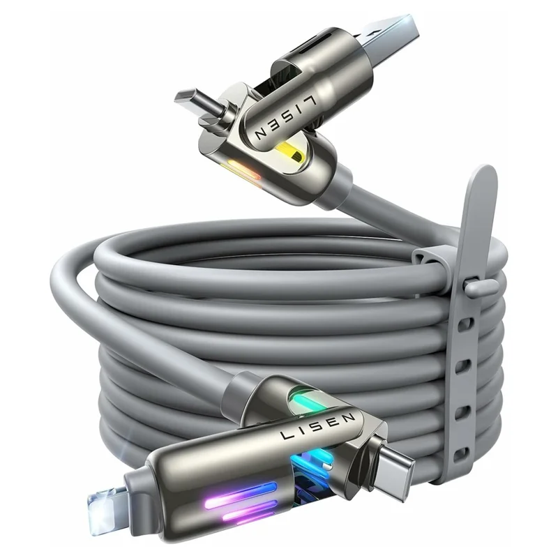 LISEN 240W 2m 4-in-1 USB Cable USB-A / USB-C to USB-C / iP (5-14) Silicone Fast Charging Date Cable for iPhone Huawei Samsung Xiaomi - Grey - 1