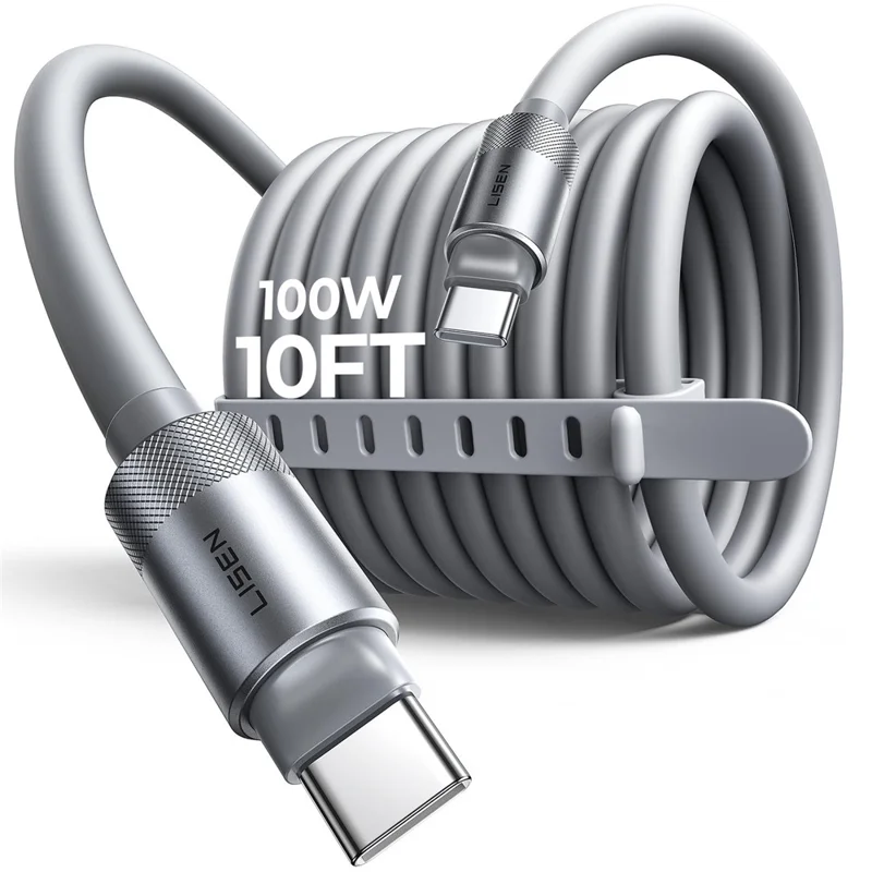 LISEN 3m 240W USB-C to USB-C Cable Silicone Fast Charging Date Cord for iPhone 17 Pro / 16 / 15 / Samsung S26 / MacBook Pro - Grey - 1