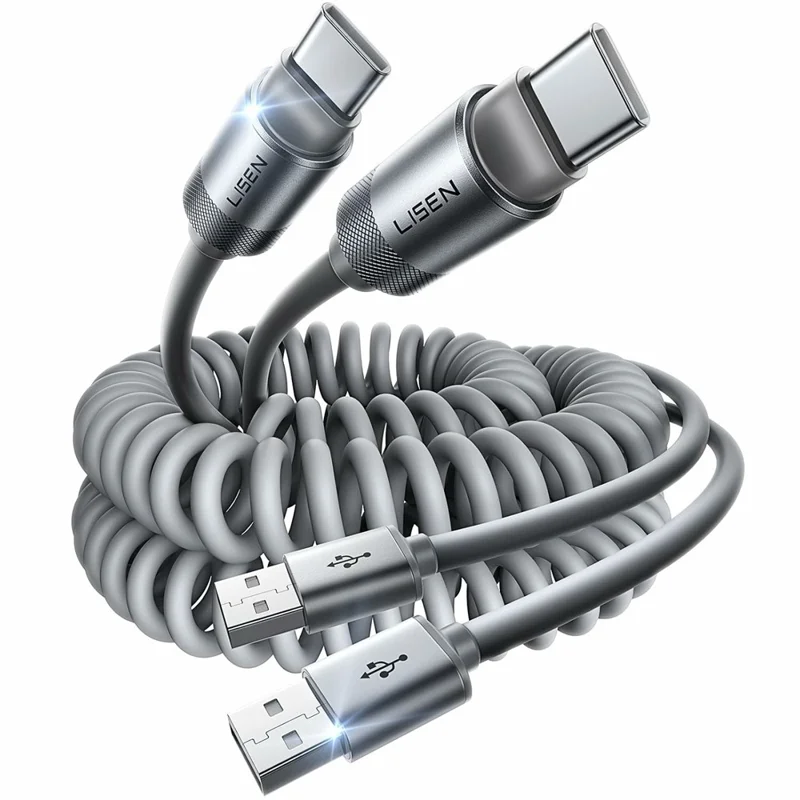 LISEN L114 2Pcs 1.5m USB-A to USB-C Coiled Cable Stable Charging CarPlay High Speed Data Cable for Car - Grey - 1