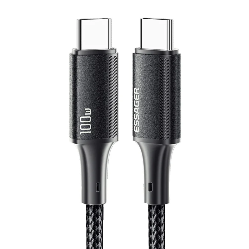 ESSAGER 2m Type-C to Type-C PD 100W 5A Data Cable Nylon Braided Phone Tablet Fast Charging Cord - Black - 1