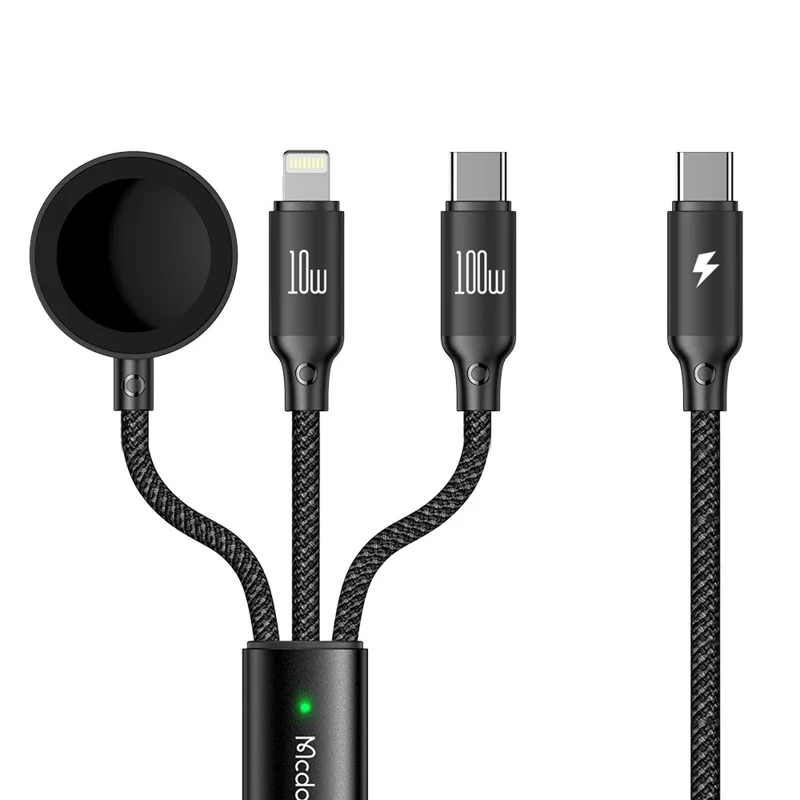 MCDODO CA-4940 Beta Series for iPhone 15 Series 1.2m USB-C to Type-C + iP + Wireless Charger for Apple Watch 3 in 1 Charging Cable, Black - 1