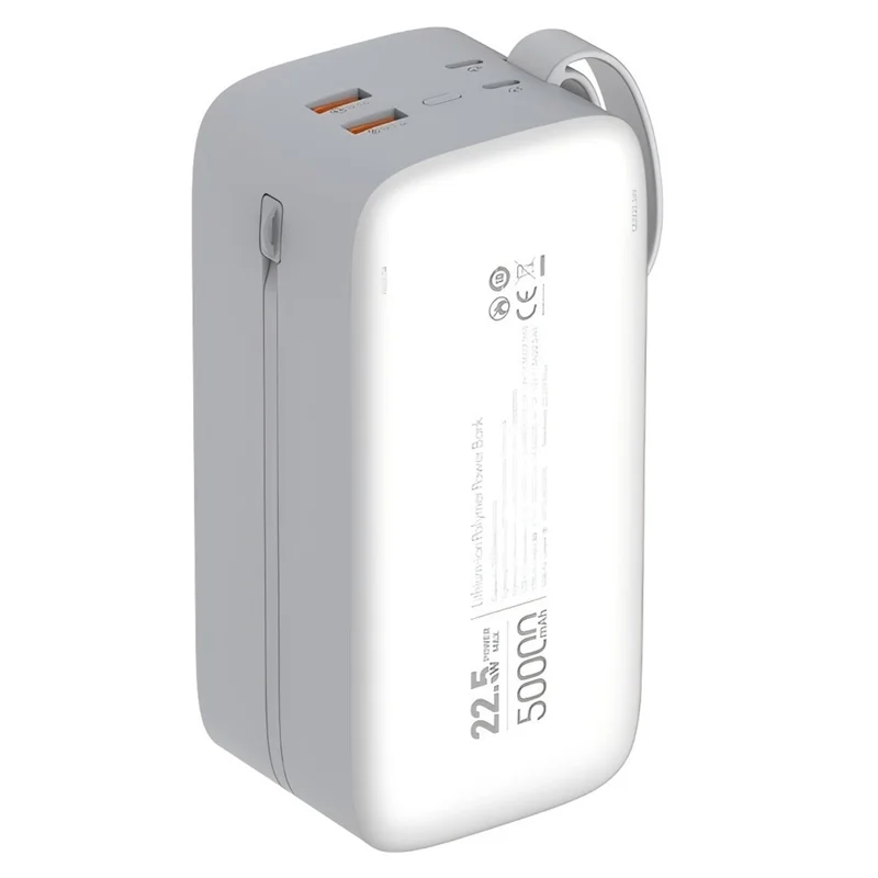 LDNIO PQ50 50000mAh Power Bank Built-in Dual Cables 22.5W SCP 20W PD Fast Charging LED Display Charger for Outdoor Travel - White - 1