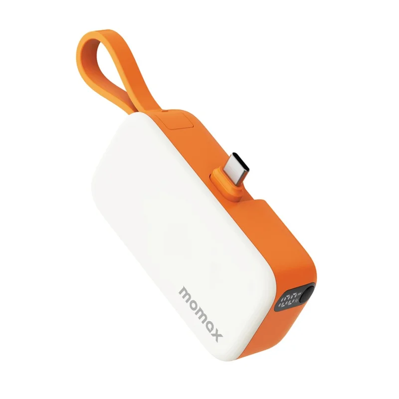 MOMAX 1-Power Mini Pop Art Portable Charger With Built-In Cable For USB C 5000mAh 20W Fast Charging 3 Port Power Bank - Orange - 1
