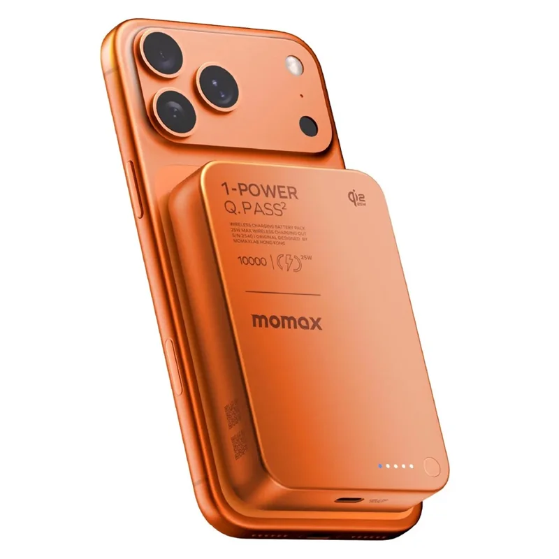 MOMAX 1-Power Q.Pass2 Qi2.2 25W Magnetic Wireless Power Bank for iPhone 12–17 Series 10000mAh Fast Charging Battery Pack - Orange - 1
