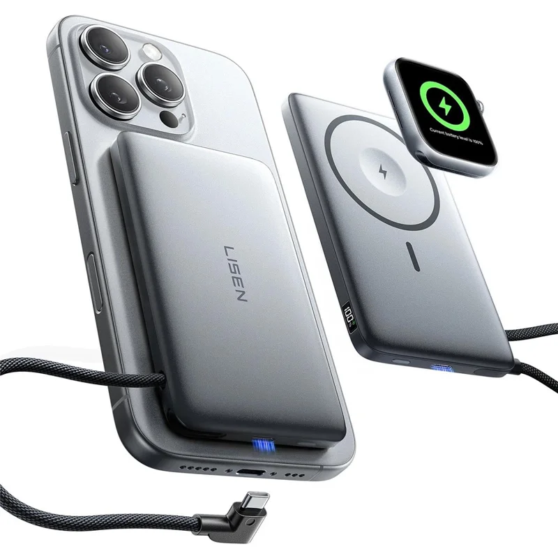 LISEN P302 10000mAh Ultra-Slim 4-in-1 Compatible with MagSafe Power Bank Built-in USB-C Cable 20W USB-C 15W Wireless Charger for iPhone Apple Watch - Tarnish - 1