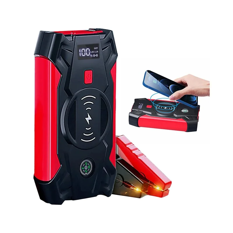 J13 Portable Car Jump Starter 12V Car Emergency Starter Cell Phone Power Bank with Wireless Charging (EU Plug) - Red / Storage Box - 1
