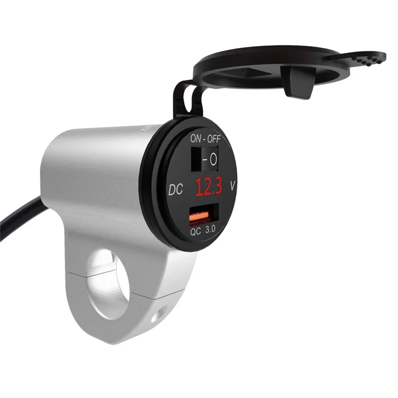 WUPP ZH-975 Motorcycle Handlebar 2.4A USB Phone Charger Aluminum Alloy Waterproof Voltage Digital Display QC3.0 Fast Charge Adapter with Switch - Silver - 1