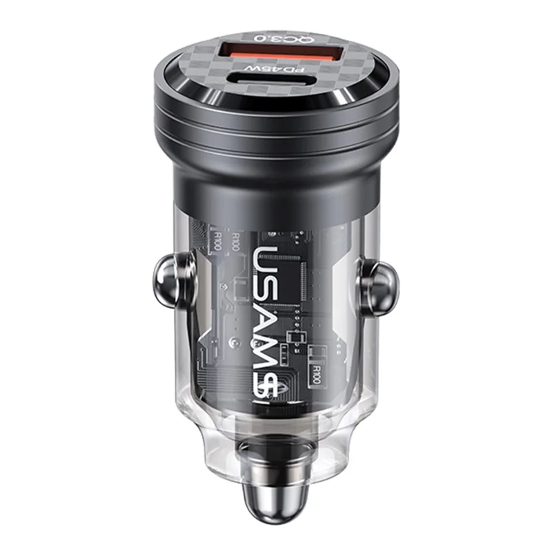 USAMS US-CC175 C35 45W Car Charger Aluminum Alloy Transparent USB-A+USB-C Mini Car Charger with Light - Black - 1