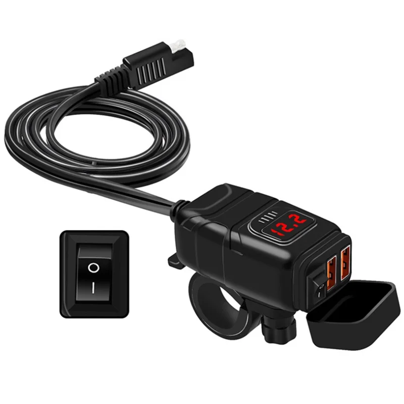 WUPP Motorcycle Handlebar Dual USB Phone Charger Waterproof QC3.0 Adapter Power Supply Socket Voltmeter - Red - 1
