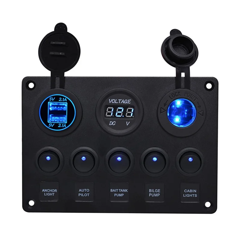 WUPP Car Yacht Combination Switch Round 5-Position Dual USB Car Charger Voltmeter Control Panel Switch - Blue - 1