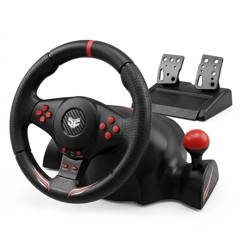 DATA FROG Racing Wheel for Sony PS 5/4/3/Nintendo Switch Dual Motor Vibration Gaming Steering Wheel with Pedals - Black+Red - 1