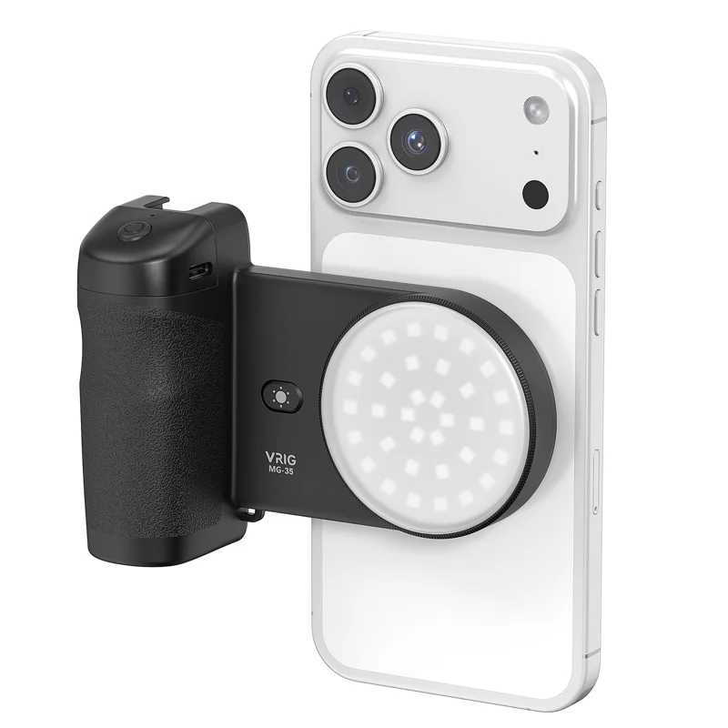 VRIG MG-35 Magnetic Mount Bluetooth-Compatible Shutter Selfie Handle with 3-Level Fill Light for Cellphone - Black - 1