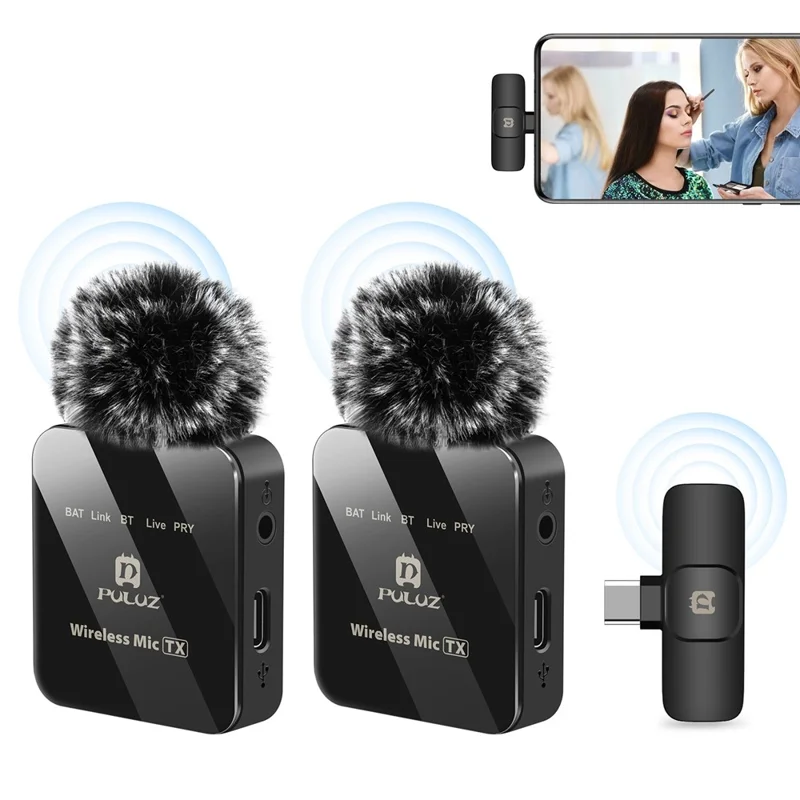 PULUZ PU648B Clip On Mic with Type C Receiver Wireless Lavalier Microphone System, 2 Mic + 1 Receiver - 1