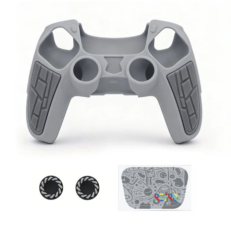 DATA FROG Silicone Case for Sony PlayStation 5 DualSense Wireless Controller Anti-slip Grip Cover with Thumbstick Caps and Sticker - Grey - 1