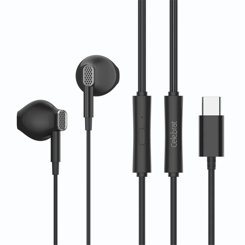 CELEBRAT D12 Type-C Wired Earphone HiFi Stereo Phone Music Headset - Black - 1