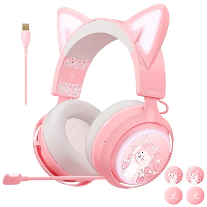 SOMIC GS510 Cute Cat Ear Design USB7.1 Wired Over-Ear E-sports Headphone RGB LED Light Music Gaming Headset - Pink - 1