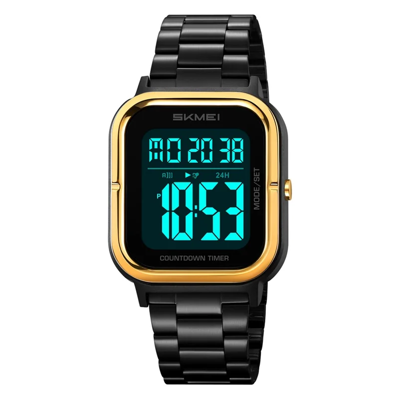 SKMEI 2316 50m Waterproof Digital Watch Square Electronic Wristwatch with EL Backlight and Stopwatch - Gold+Black / Steel Strap - 1