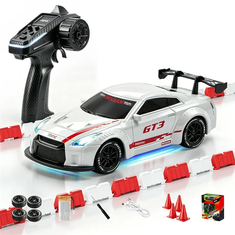 4DRC 4D-H6 1:43 Drift Racing Car 2.4G Remote Control 4WD RC Car with Ambient Light, High-end Version - GTR White - 1