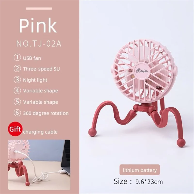 Handheld Baby Stroller Fan 500mAh Octopus Tripod USB Foldable Fan for Office Car with 3 Speed - Round//Pink - 1